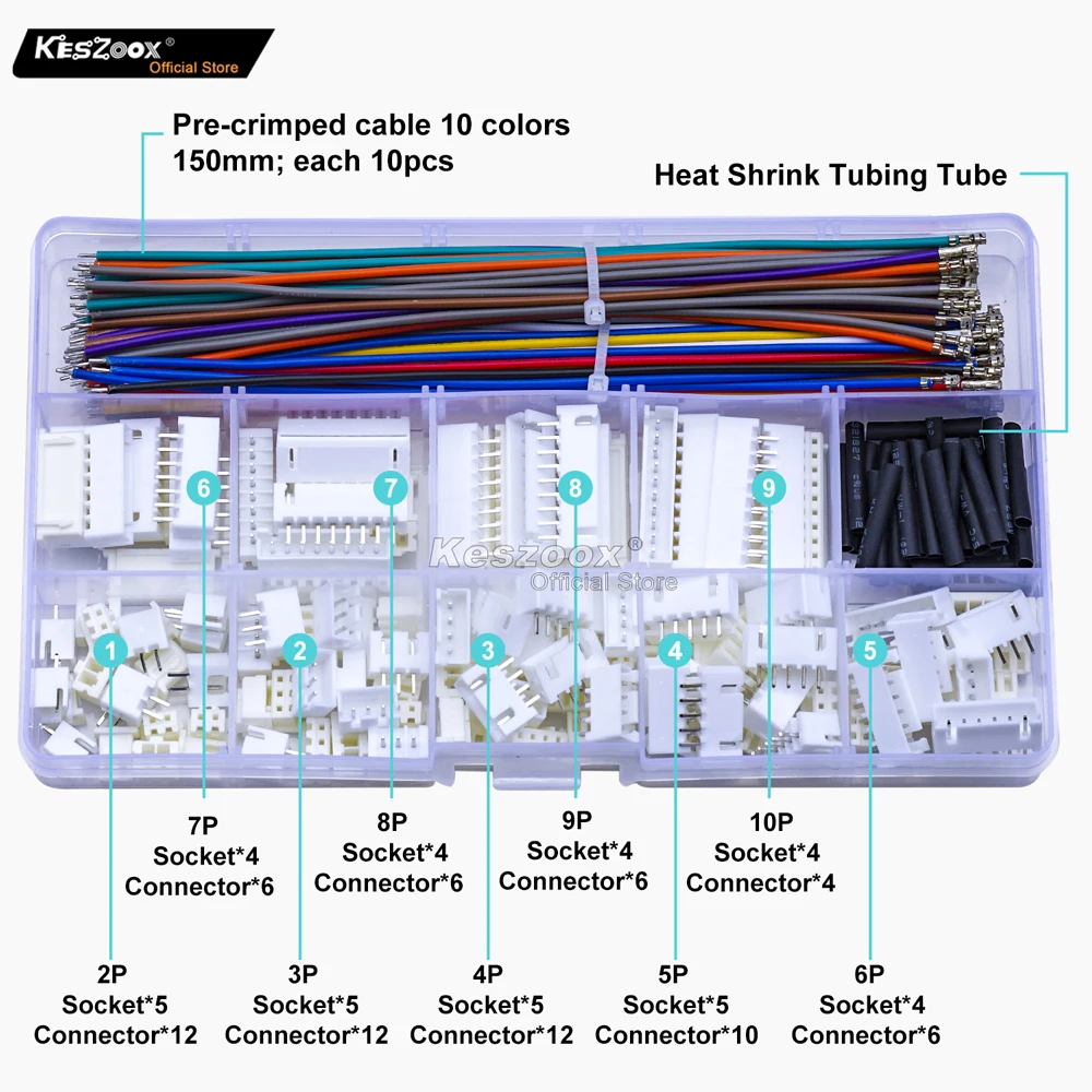 Tcenofoxy JST XH2.54mm Connector Kit Male Female Socket 2-10Pin 22AWG Crimped Terminals Wire Adapter TJC3 for PCB