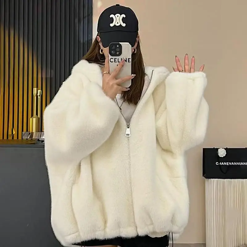 American Style Retro Lamb Fur Hoodie Women's Autumn Winter Fashion Loose College Style Casual Zipper Sweatshirt Cotton Jacket