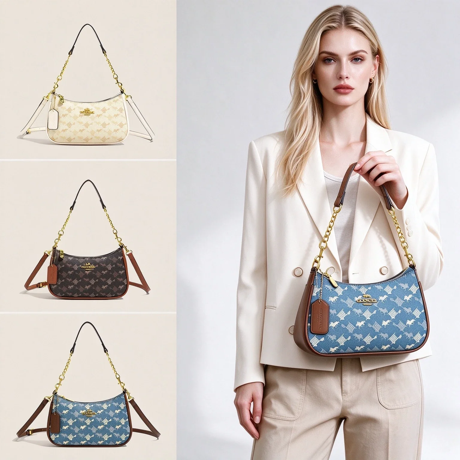 `Light Luxury Monogram Shoulder Bag for Women, Gold Chain Crossbody Handbag with Leather Trim, Premium Purse for Daily Evening`