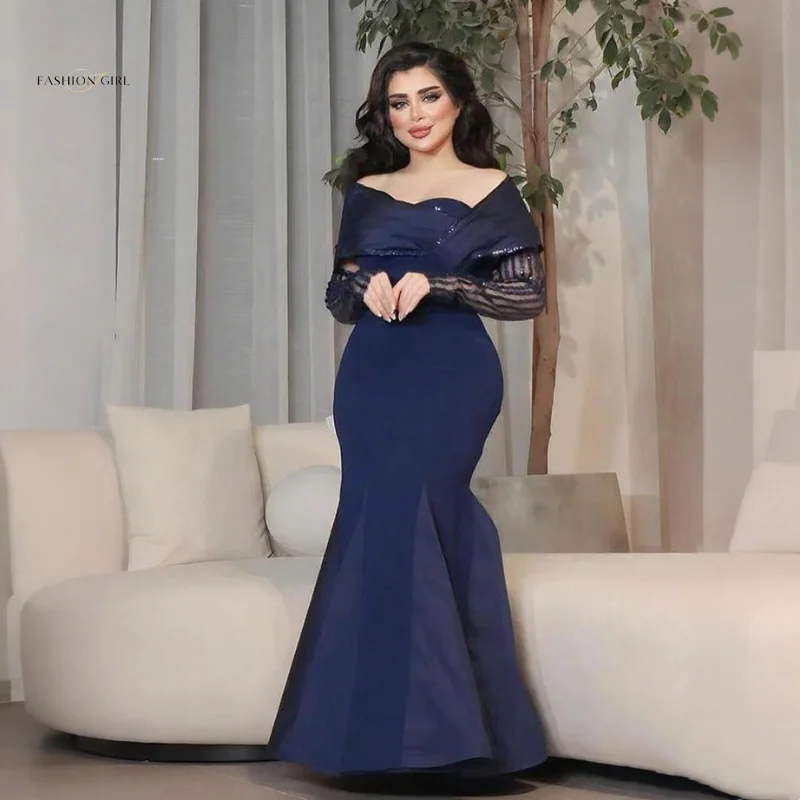 

Customized Classic Dark Blue Satin Evening Dresses Sequin Pleated Short Sleeves Mermaid Floor-Length Party Prom Dresses 2025