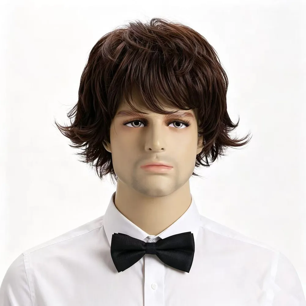 

Men's Short Wavy Curly Wig Synthetic Brown Black Natural Fluffy Hair Wigs for Daily Party Cosplay