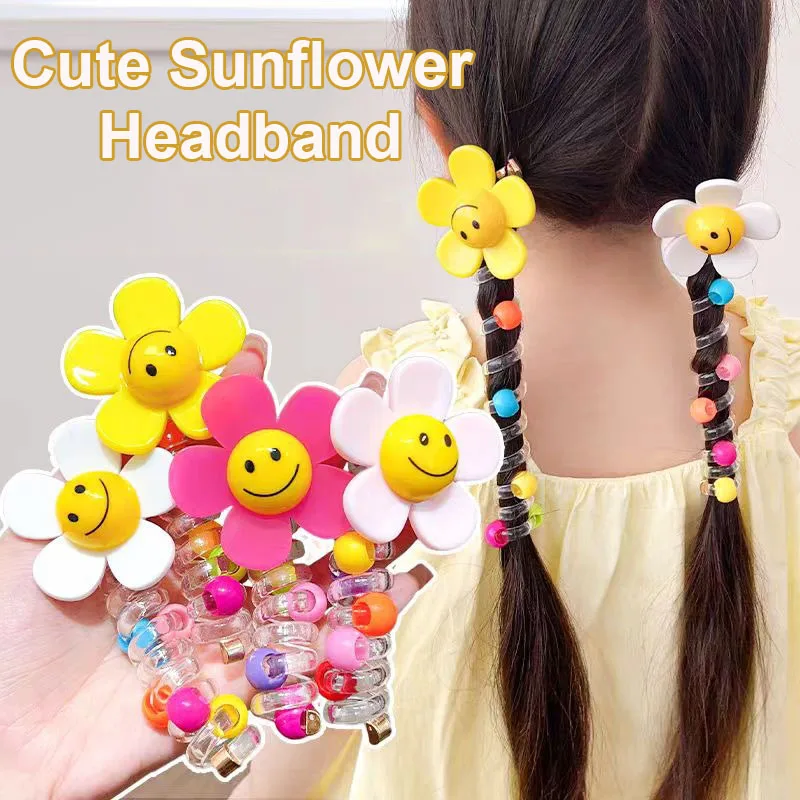 1PCS New Lovely Beaded Big Sun Flowers Elastic Spiral Head Rope Hair Rope Ponytail Hair Ring Rubber Band Headdress For Kids