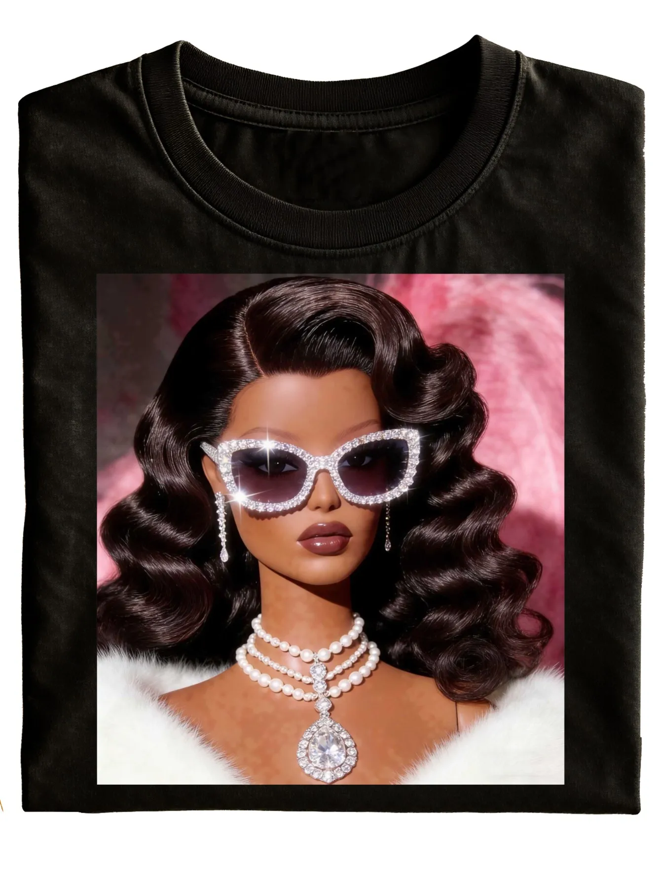 New Style Fun Neutral T-Shirt Fashion Black Print with Glamorous Woman Wearing Sparkling Fashion Glasses And Pearl Necklace Perfect for Casual Wear Holiday Gift   Trendy Versatile Daily Leisure Outfit Short Sleeve, PLUS SIZE