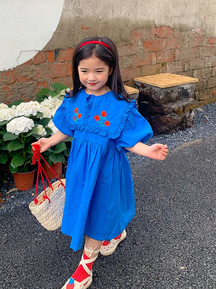 Summer parent-child dress Net red mother and daughter blue embroidered collar dress Summer  Dresses  family outfit matching