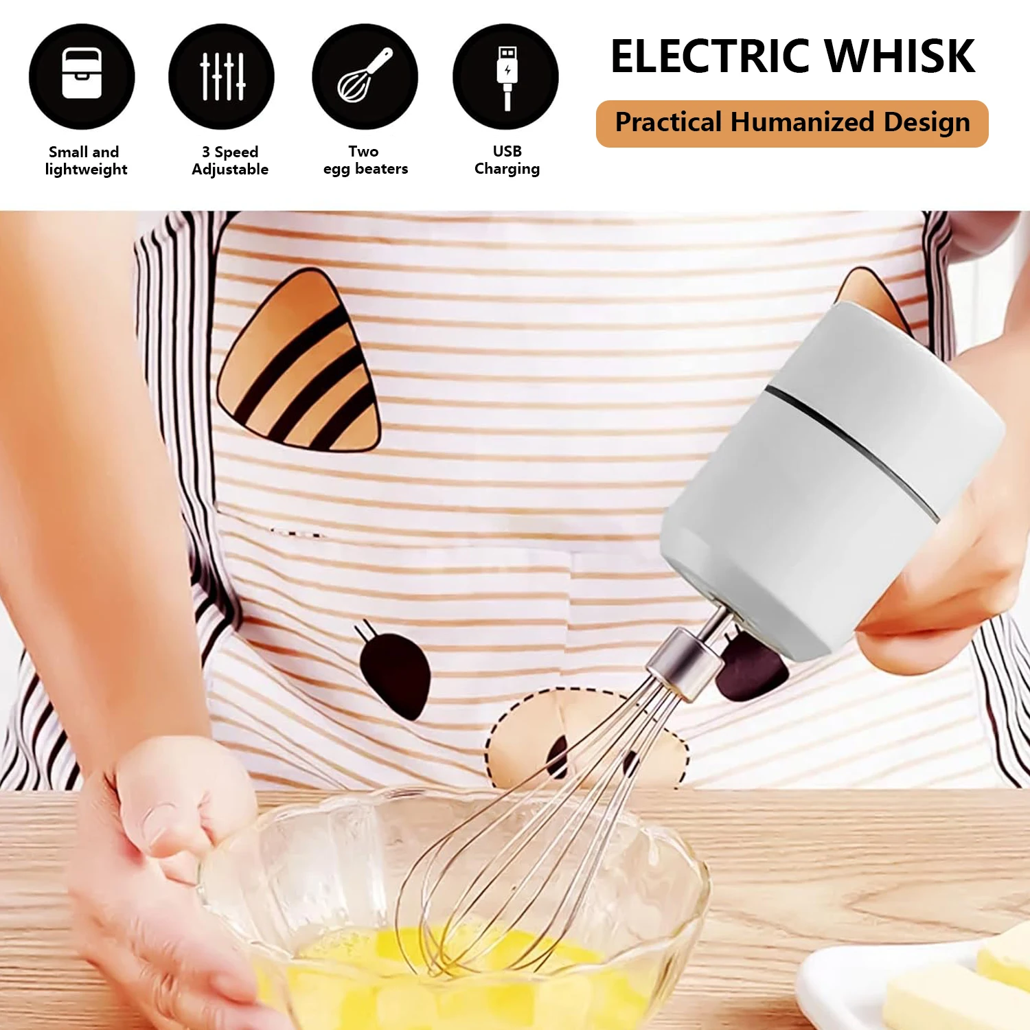 Wireless Electric Mixer, Battery-Powered, Cream Frother, Handheld Egg Beater, Portable Egg Beater with USB Charging, White