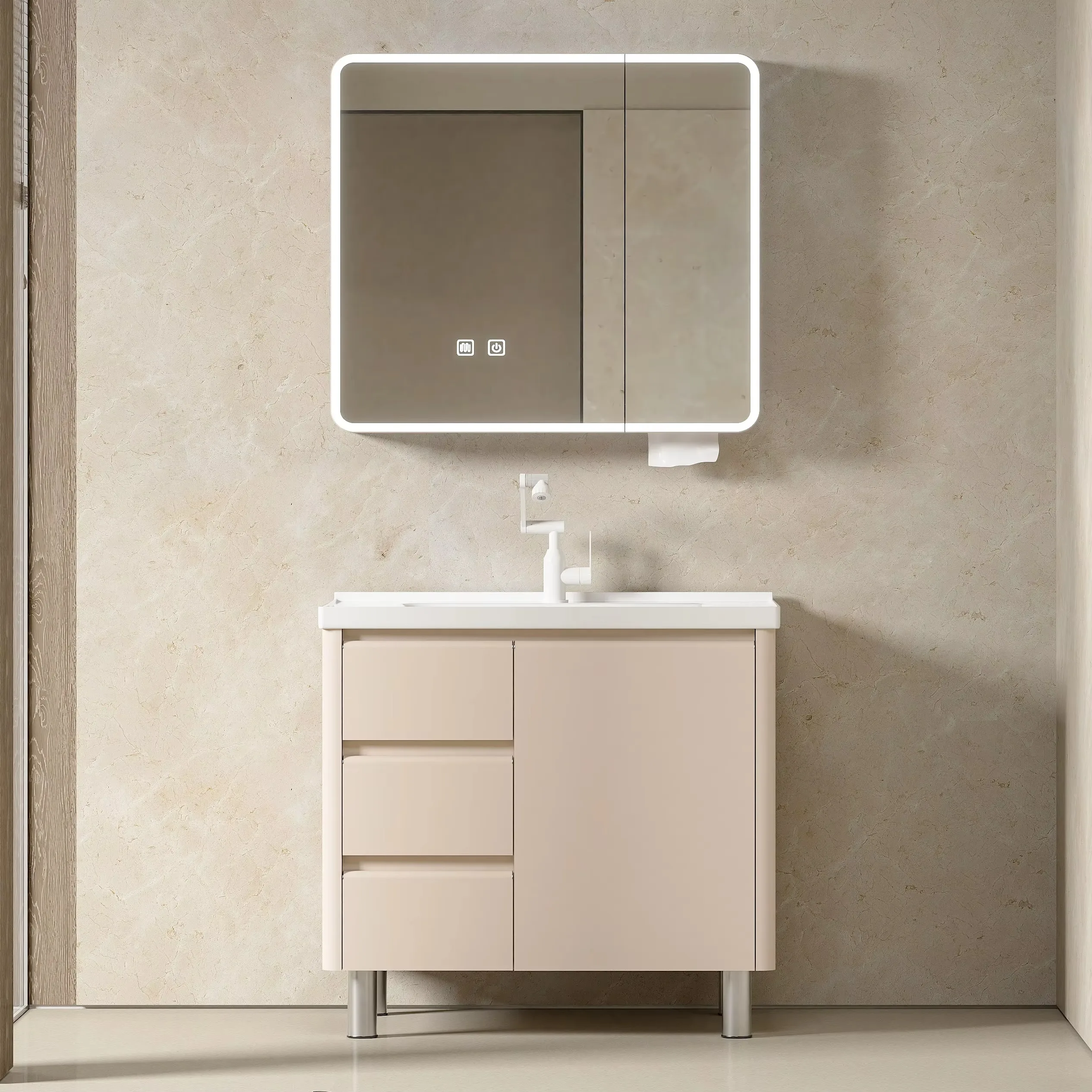

klPVC Modern Khaki Color Ceramic Wash Basin Storage Cabinet Floor Standing Bathroom Vanity Smart Mirror Eco-Friendly&