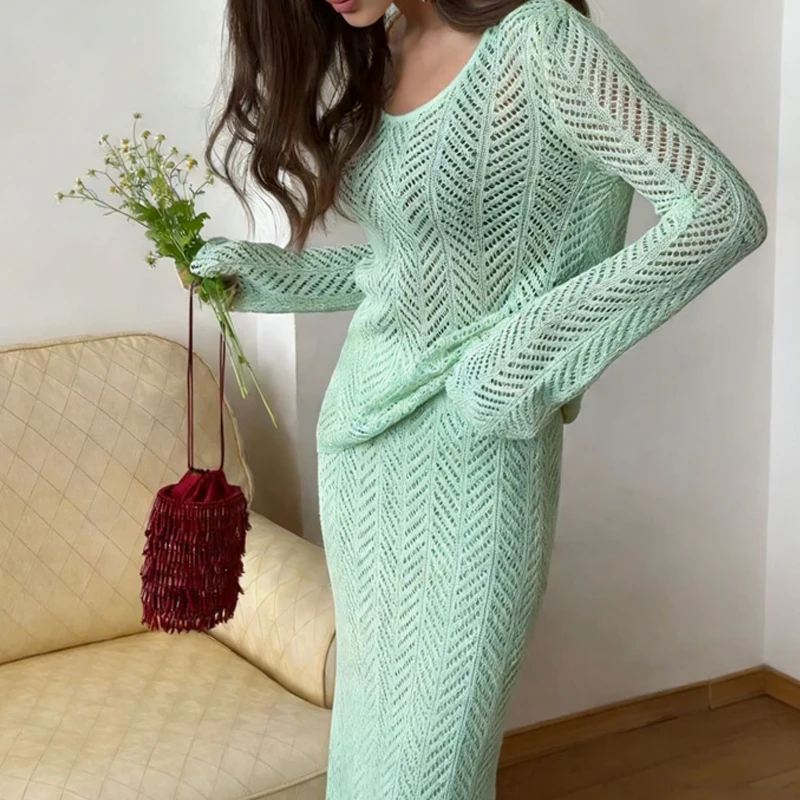 

Women Casual Long Sleeve Knitt Long Skirt Suit Fashion O-neck Pullover & Long Skirt 2Pc Set Elegant Crochet Hollow Skirt Outfits