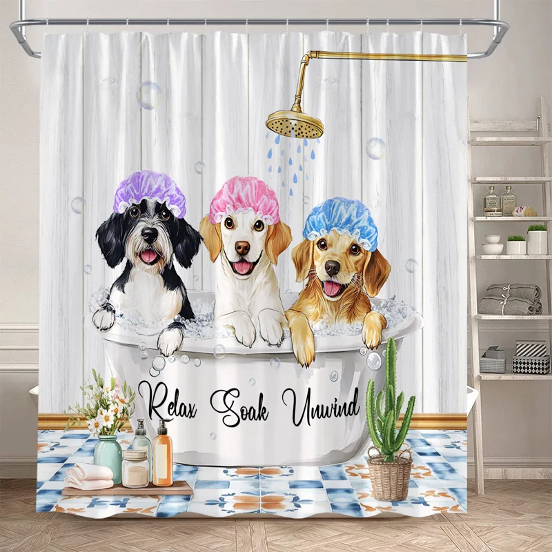 

Funny Bathing Dogs Shower Curtains Cactus Floral Cute Pet Animals Kids Bath Curtain Polyester Home Bathroom Decor with Hooks