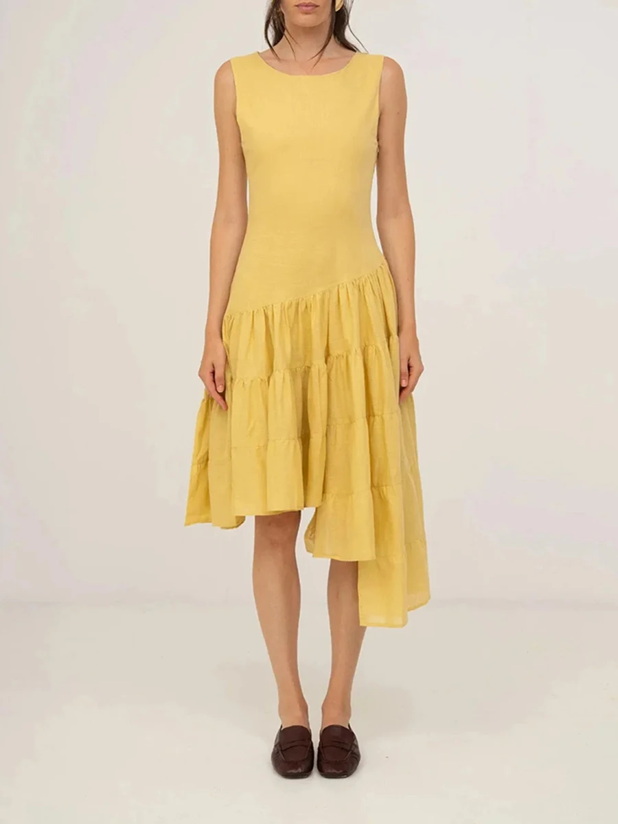 TWOTWINSTYLE Yellow Elegant Sleeveless Mini Dress for Women O Neck Slimming Asymmetrical Ruffle Hem for Brunch Casual Gatherings