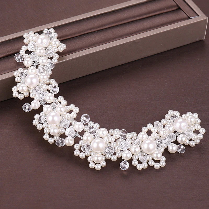 Handmade Red White Flower Bride Headdress Pearl And Beaded Women Headbands For Girls Headpiece Wedding Hair Jewelry