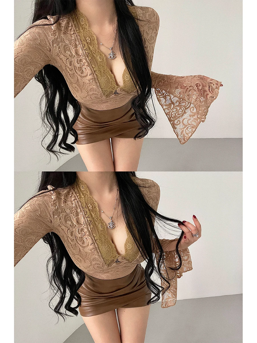

Sexy Slim Fit Long Sleeve Deep V Neck Hollow out Lace Shirt Women's Fashion Autumn T-Shirt Pure Desire Atmosphere Lady's Top