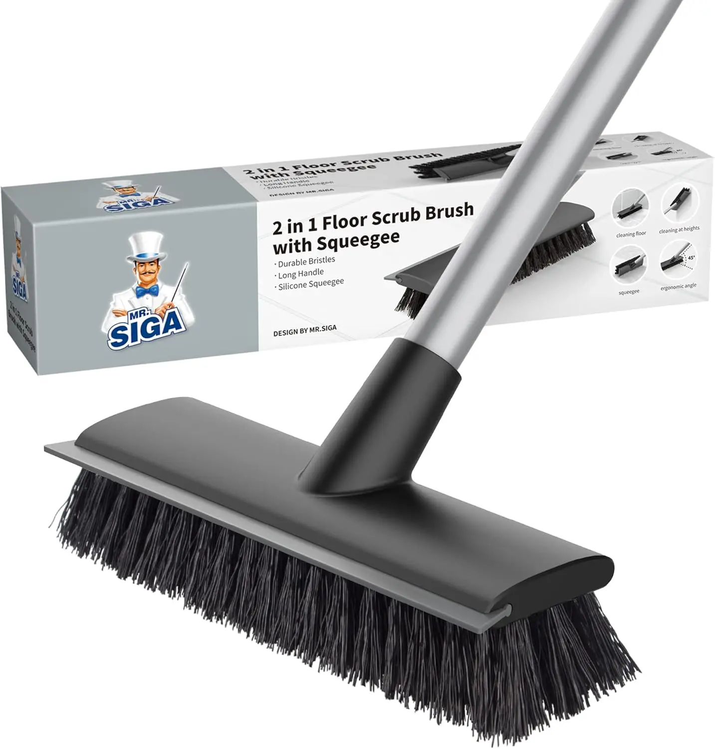

2-in-1 Floor Scrub Brush with Squeegee, Long Handle for Bathroom, Tile, Garage