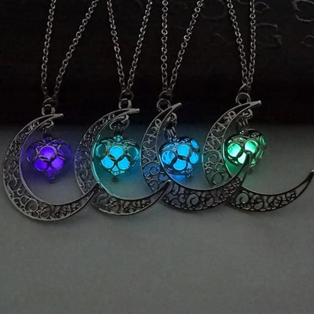 Luminous Stone Necklaces Moon Heart Pendant Halloween Fluorescent Necklace Glow in The Dark Party Charm Accessories