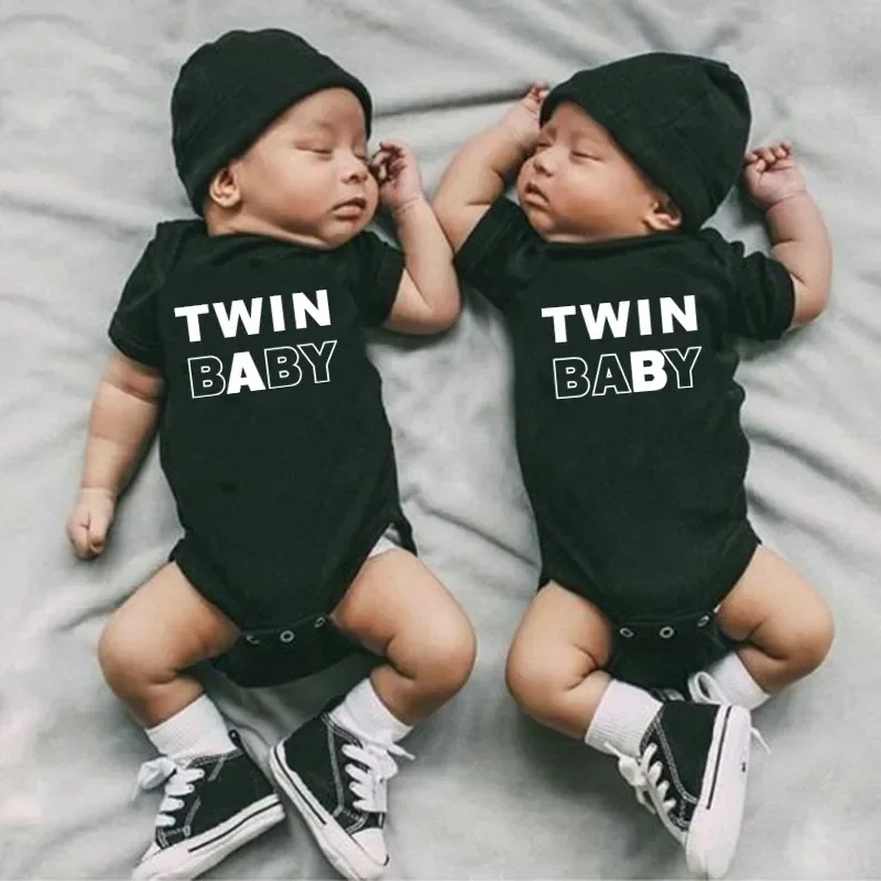 Twin Baby Letter Print Newborn Infant Baby Boys Girls Cotton Bodysuit Twins Clothing Romper Jumpsuit Hipster Baby Clothes