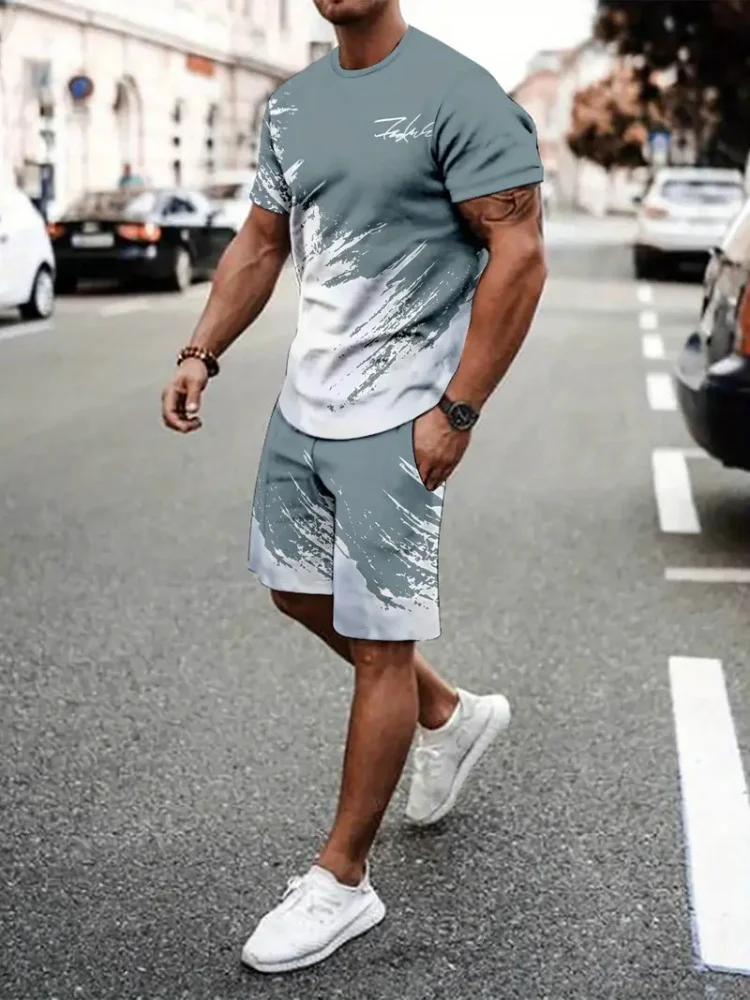 Summer Trend Casual Men's Suit Creative Lettering Print Summer Beach Vacation Casual Wear Casual Short Sleeve Shorts 2 Pieces