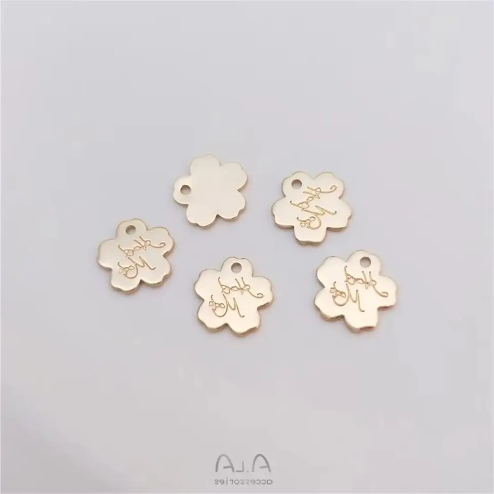 14K Gold Engraved Letter Flower Tag, Cherry Blossom & Heart & Rectangle Pendants, DIY Ornament Jewelry Charms