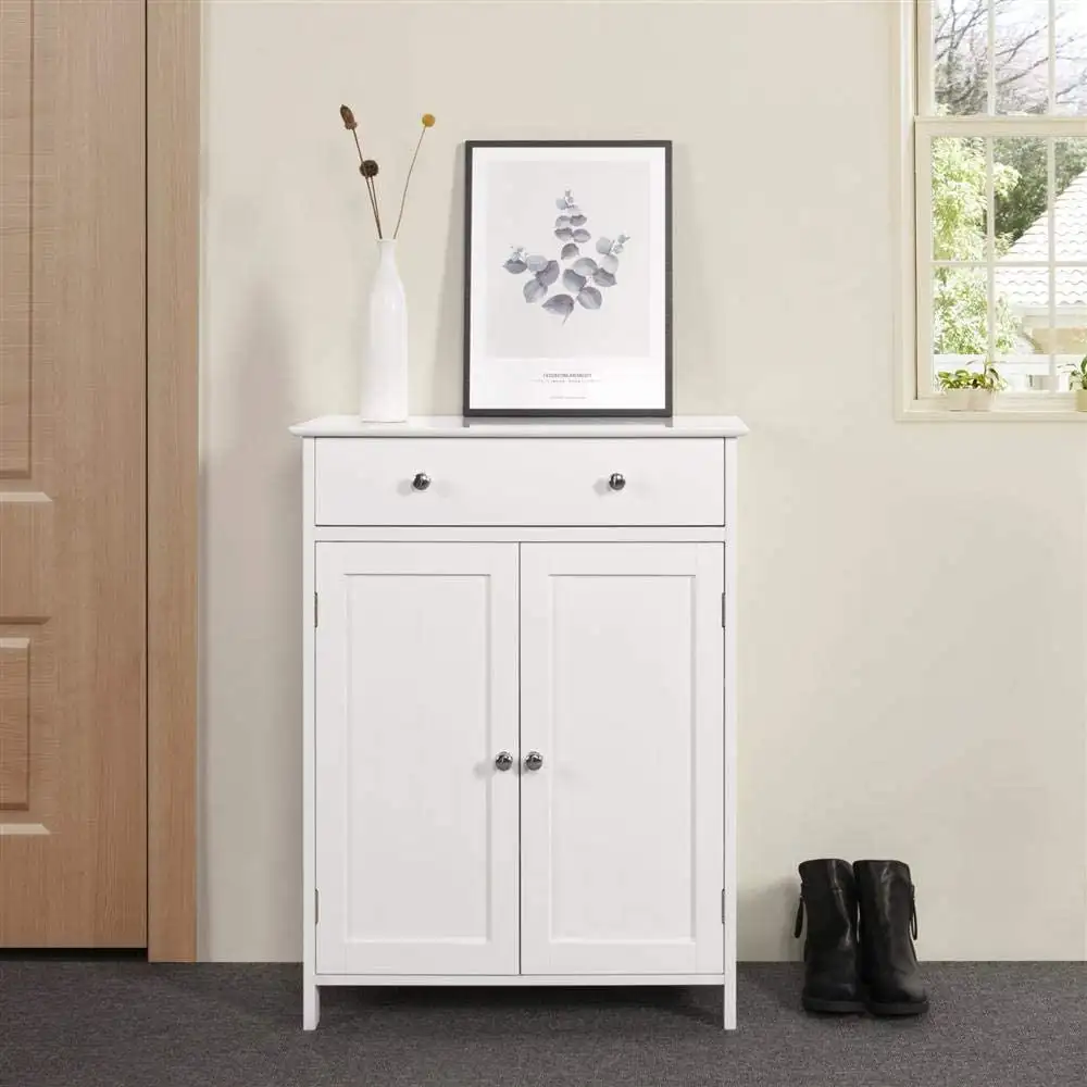 White Wooden 2-Door Bathroom Cabinet Storage Organizer with 2 Shelves& 1 Drawer Free Standing