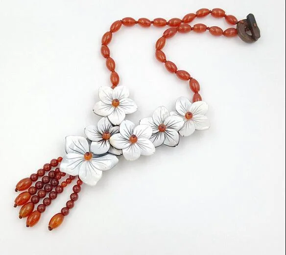 

Natural Carnelian Red Agates, Shell Flowers with Jades Toggle Clasp Necklace