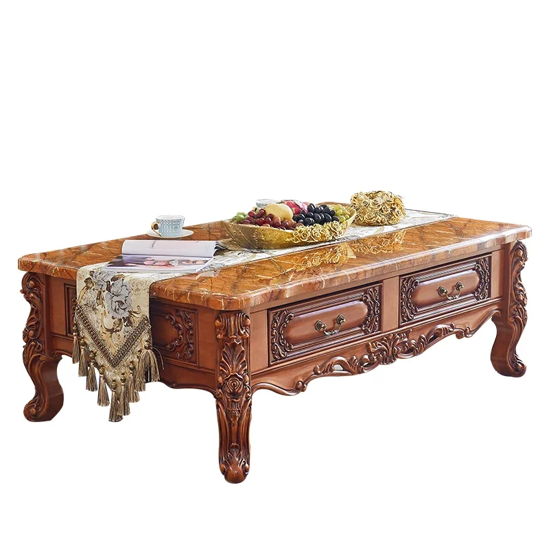 

Tea Table and TV Cabinet Set, Living Room, Solid Wood Carved Pear Colored Tea Table