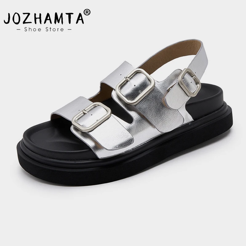 

JOZHAMTA Size 35-40 Women Wedges Sandals Real Leather Buckle Strap Platform Mid Heels Shoes Summer 2025 Ins Casual Beach Daily