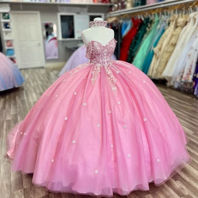 

Pink Shiny Quinceanera Dress 2024 Mexican Vestidos De 15 Princess Sweet 16 Birthday XV Applique Ball Gown Cinderella Girl Dress