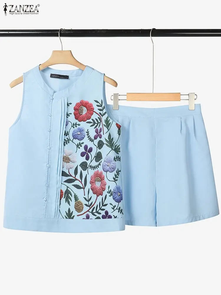 Donna Casual 2 pezzi Set corto Stampa floreale Design asimmetrico Canotte e pantaloncini tinta unita Abiti ZANZEA Donna Outfit 3XL