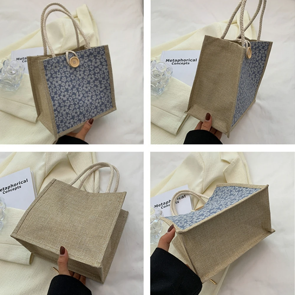 Eco-friendly Linen Shopping Bag Women\'s Fashion Flower Pattern Tote Bag Casual Canvas Grocery Bag Large-Capacity Shopper Bag