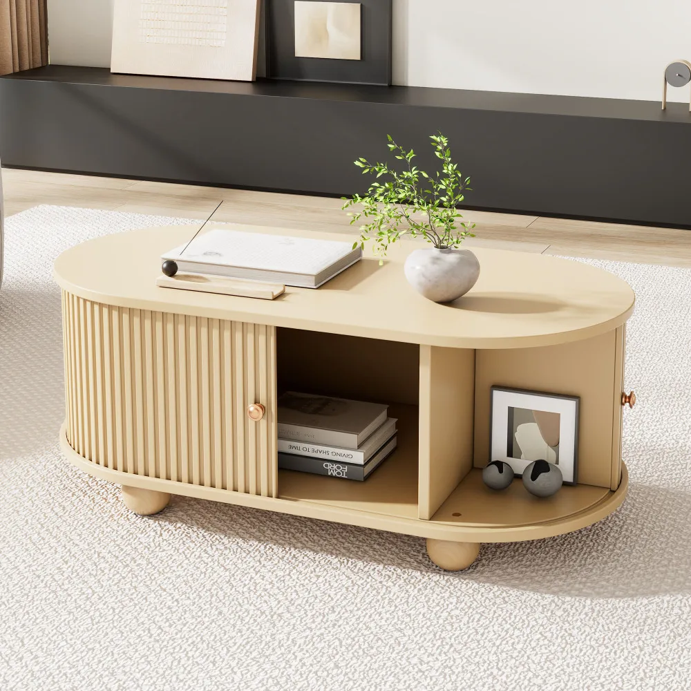 Ye Oval Coffee Table with 2 Sliding Doors, Rounded Corners,Hidden Compartment Center Table,100*50*40cm,Wood color,MDF