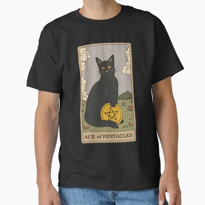 

Ace of Pentacles Vinage Tarot Card Cat Funny magical cats cute pet Gift T shirt for men large size Adult Tops S-6XL
