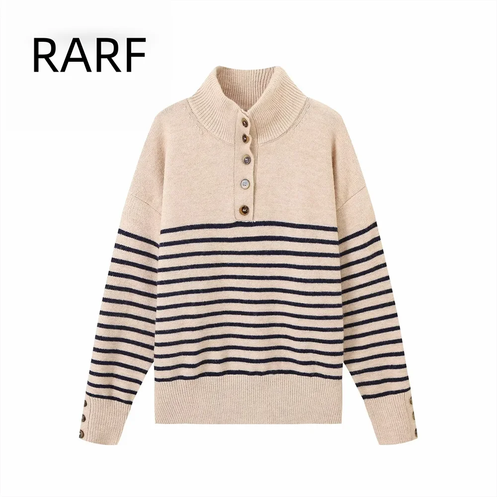 

Women's new autumn and winter products with striped print stand up collar round neck casual knitted top pullover sweater