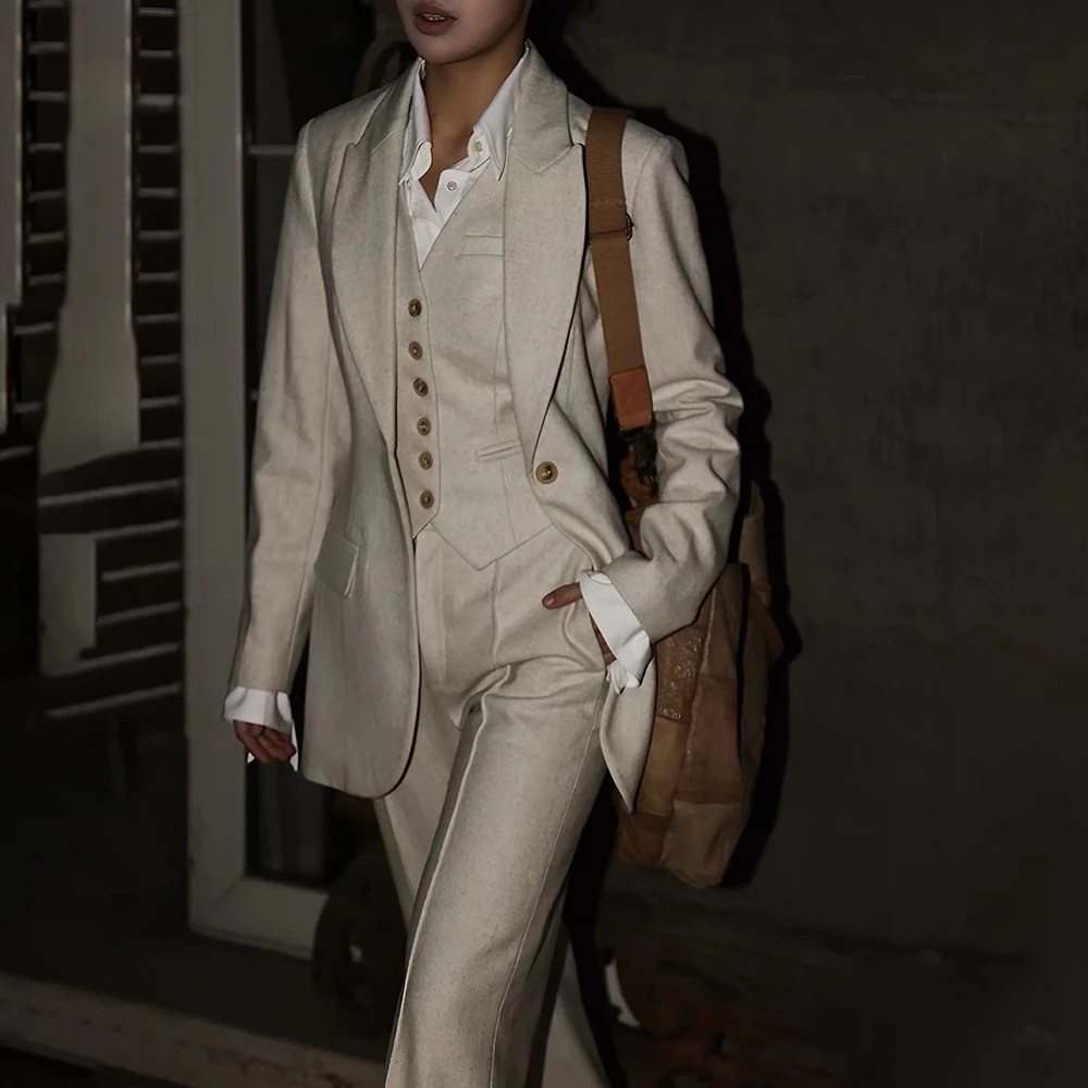 Classic Women 3 Pieces Suit Blazer Vest Pants Set Oatmeal Linen Blend Formal Business Office Wedding Party Tailored Outfit