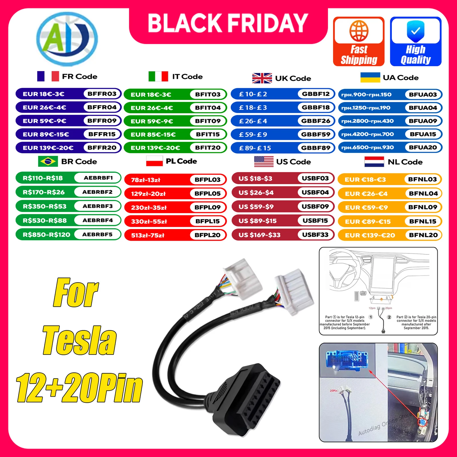 For Tesla Model X/S/3/Y OBD2 Diagnostic Cable OBD2 Automobile Diagnostic Adapter Harness Connector for Launch/Autel Scan Tools