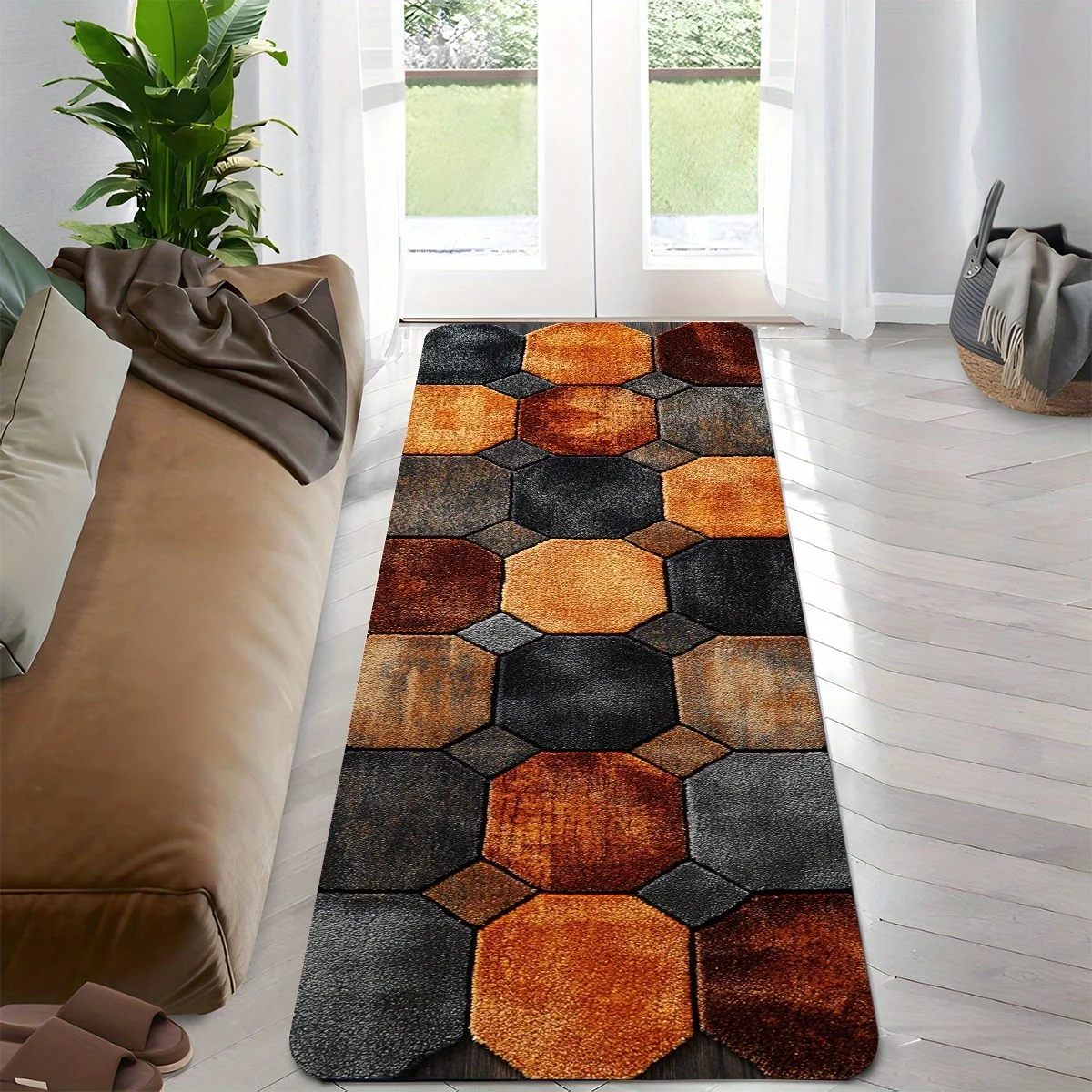 

Modern 3D Octagonal Block Runner Rug, Brown Gray Geometric Pattern Non-Slip Absorbent Floor Mat for Living Room Corridor
