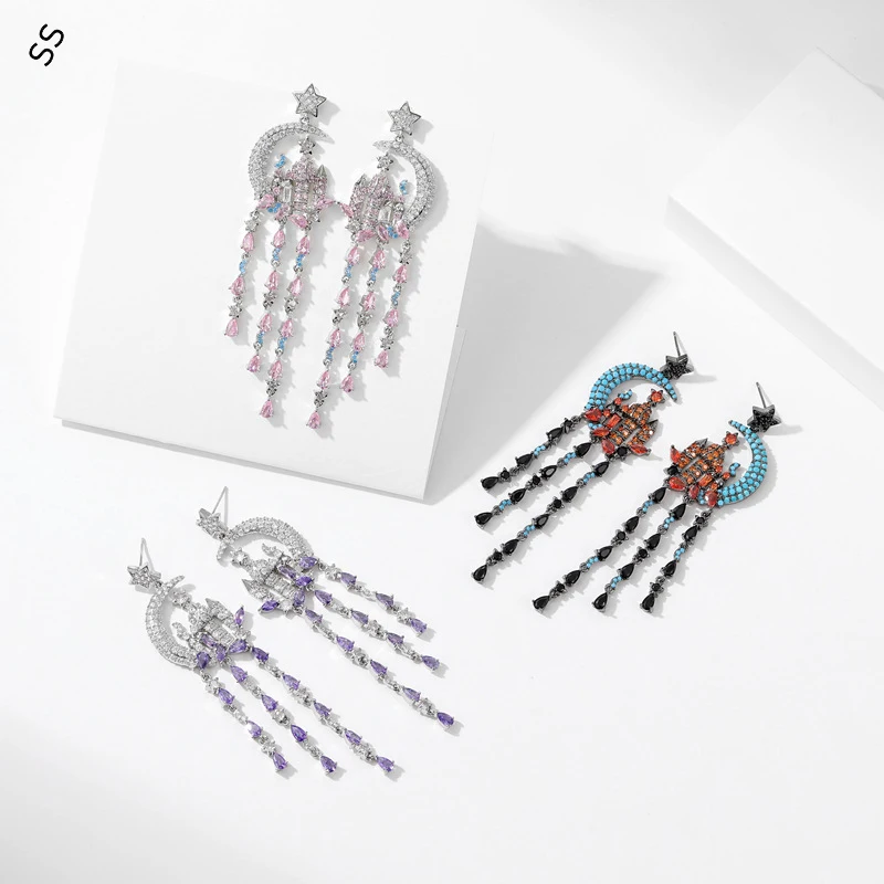 

Creative Design Princess Stars Moon Castle Water Drop Long Tassel Earrings for Female Charm Wear Jewelry Accessories S925 Pins