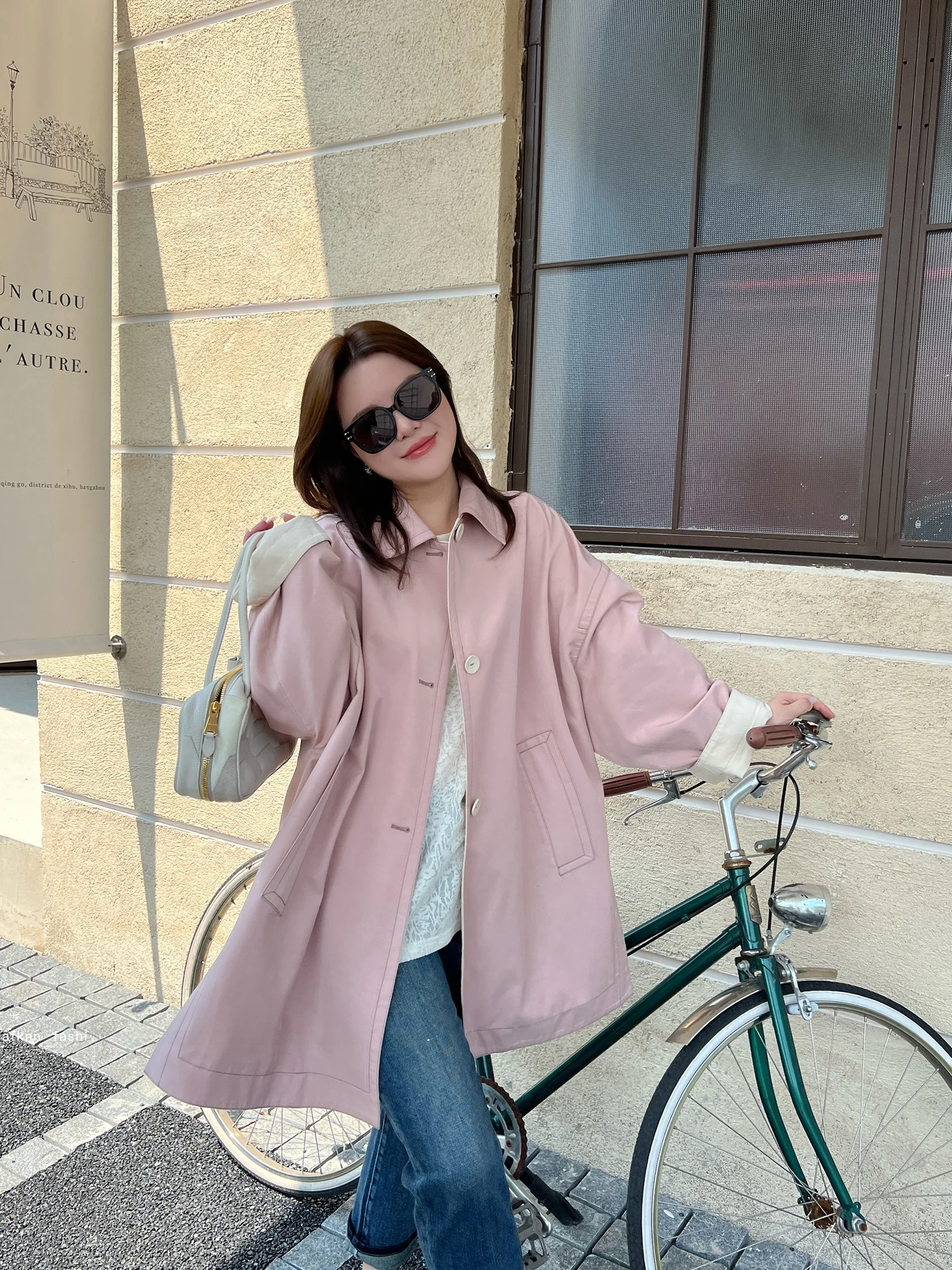 

JiJi Private Collection Soft Mist Pink Loose Women's Long Coat Jaet MK350 Large Size Cotton Lyocell Blend Spring Autumn