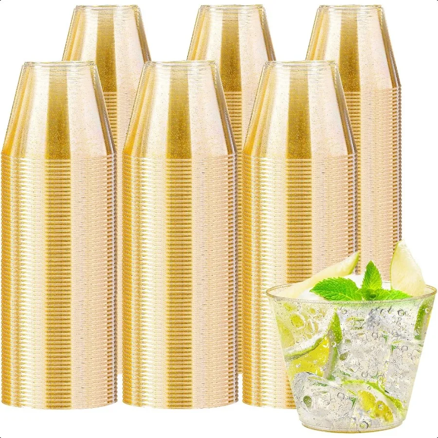 

300 Pack 9 oz Gold Plastic Cups Bulk Gold Glitter Plastic Cups Fancy Clear Plastic Cocktail Cups for Wedding Thanksgiving Chri
