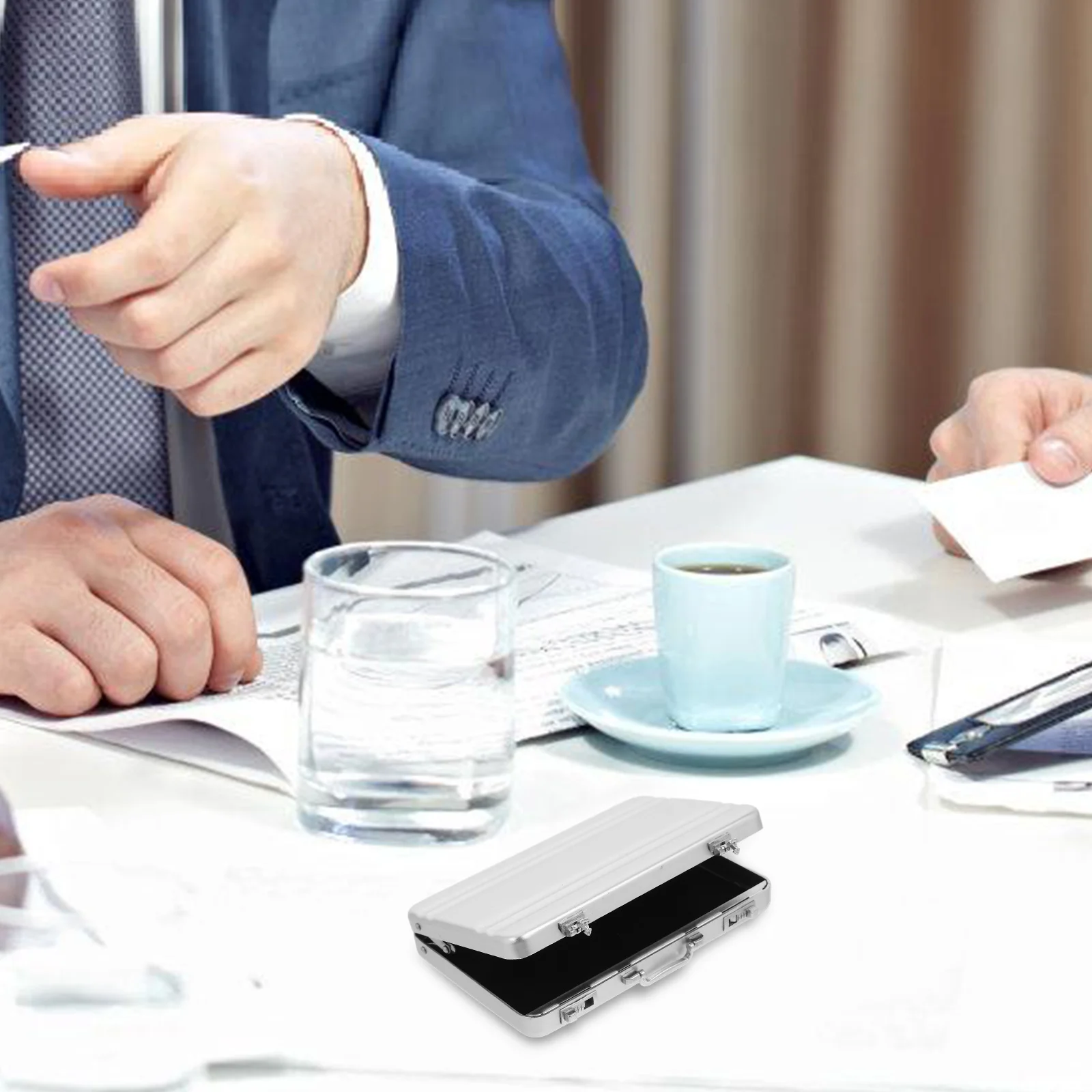 Desktop Business Card Organizer Suitcase Shaped Aluminum Alloy Card Holder Office Cards Storage Box, Portable Name Cards Case
