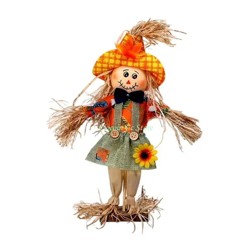 X90F Handcrafted Straw Witch Scarecrow Ornament Standing Pumpkin Doll Halloween Decoration Figure For Mantel Display