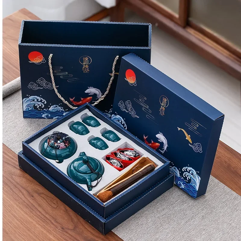 Traditional Chinese Celadon Tea Set Business Gift 1 Teapot 4 Cups with Incense Burner & Sandalwood Combo