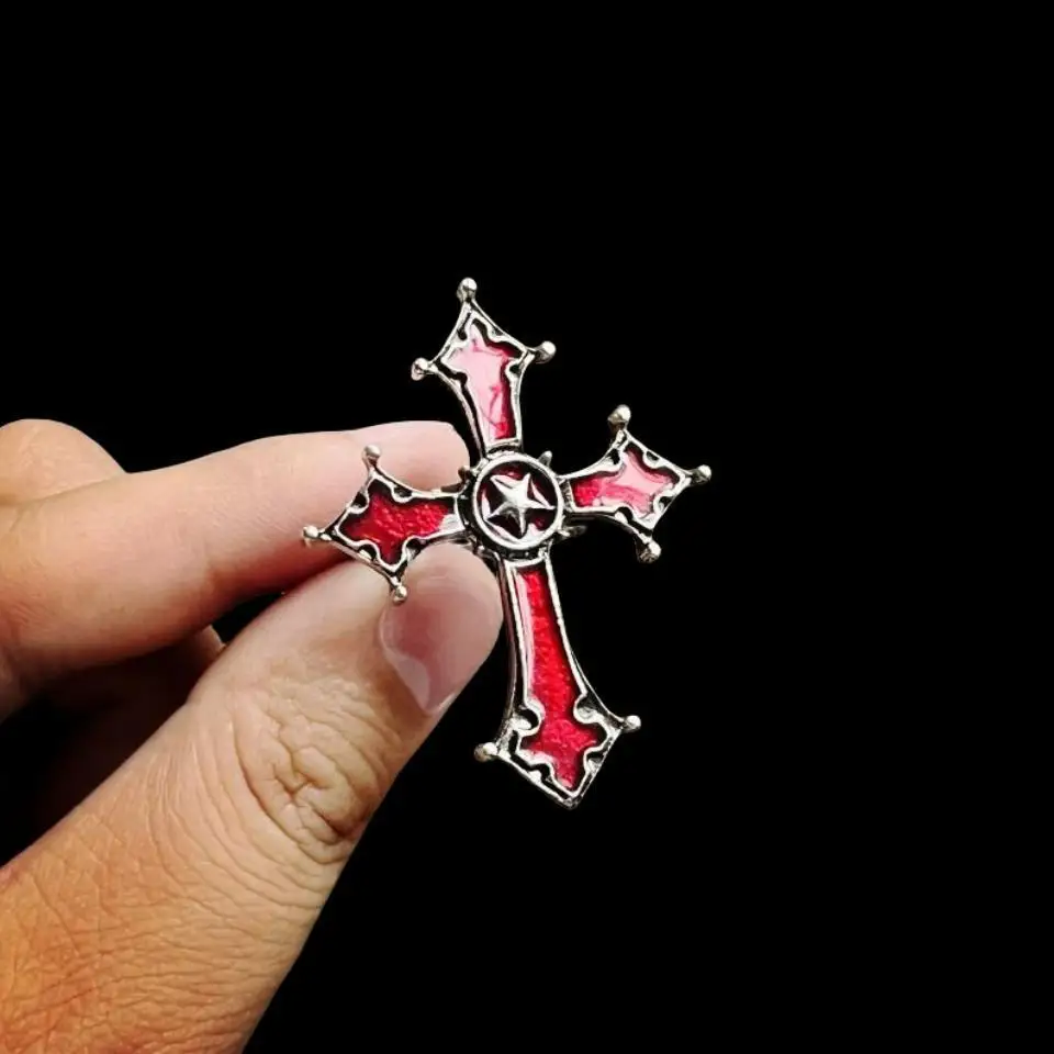 Europe and America Silver Color Red Drip Glue Metal Cross Ring UNISEX Halloween Atmosphere Music Hip-hop Punk Party Jewelry Ring
