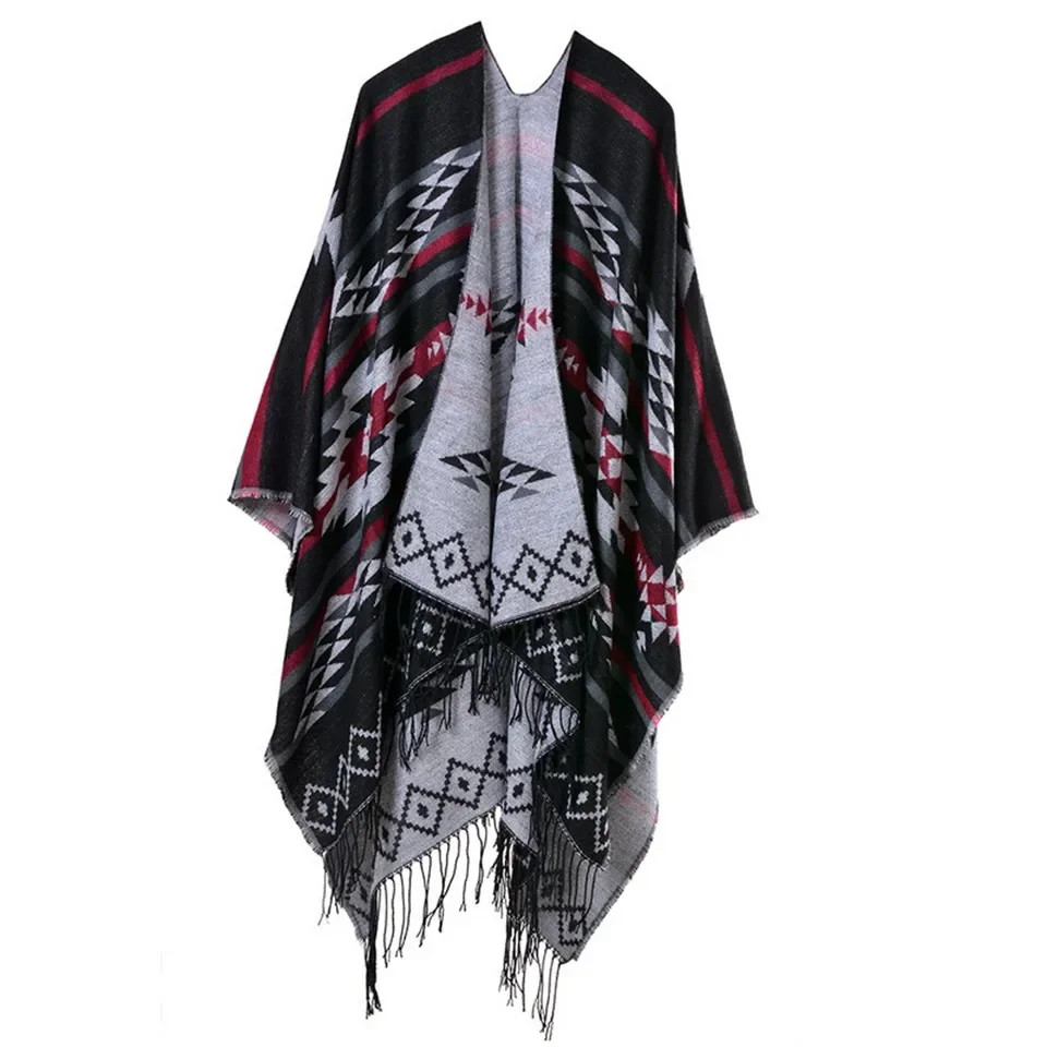 Bohemian Women\'s Autumn Winter Poncho Ethnic Scarf Fashion Print Blanket carves Lady Knit Shawl Tassel Cape Thicken Pashmina