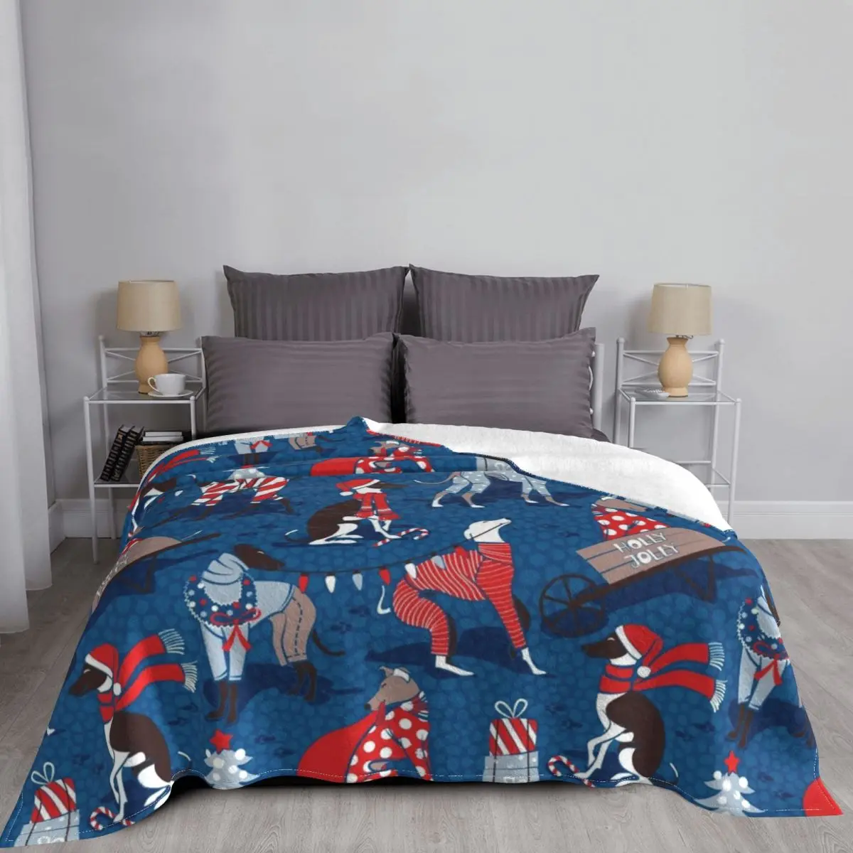 Greyhounds Christmas Blue Background Blankets Flannel All Season Santa Warm Throw Blankets for Bedding Bedroom Bedding Throws