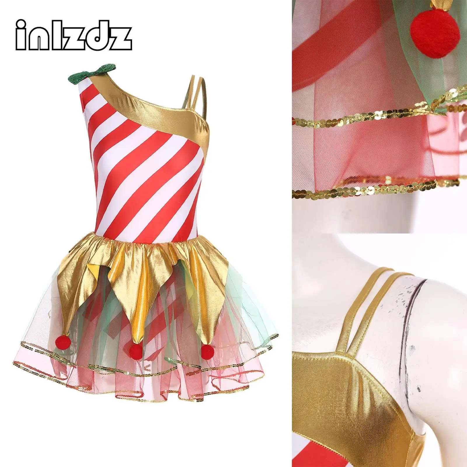 

Womens Christmas Candy Cane Cosplay Tutu Dress Asymmetrical Shoulders Tulle Leotard Striped Dress for Xmas Elf Fancy Dress Party