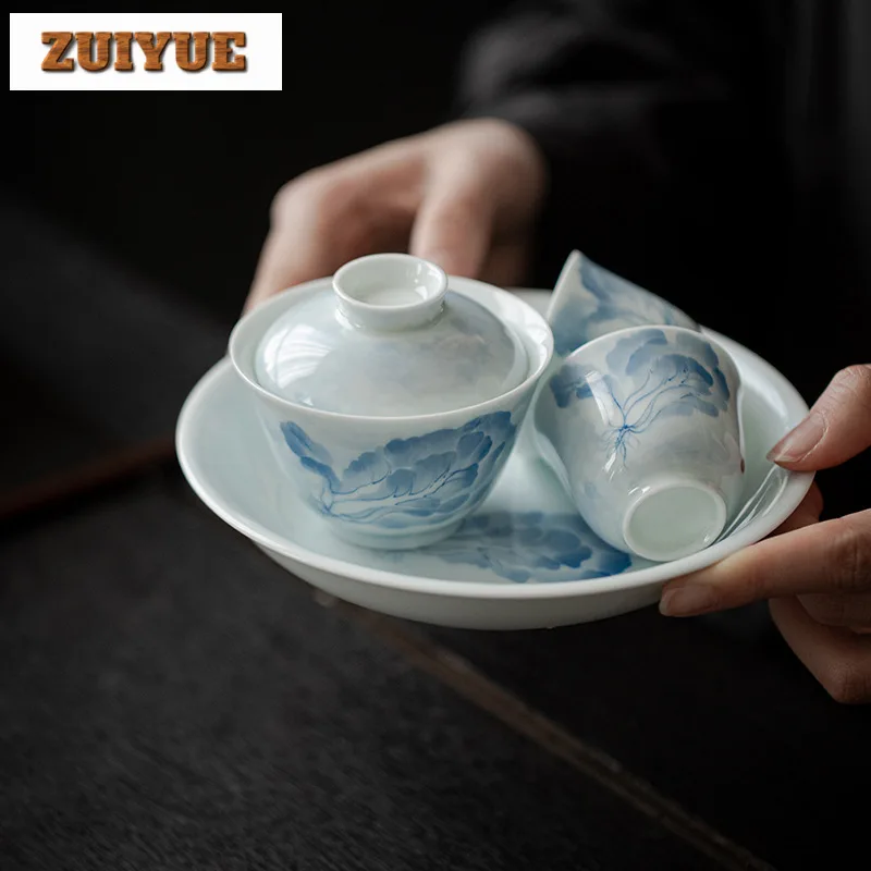 100ml Blue and White Hand-painted Cabbage Cover Bowl Household Anti Scald Gaiwan Antique Tea Tureen Tea Brewing Chinese Tea Gift