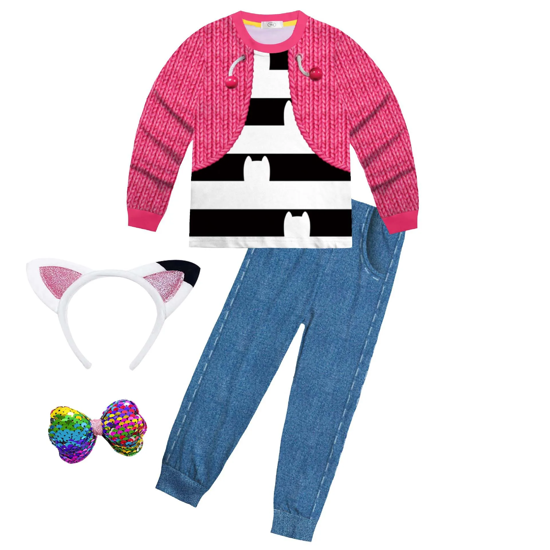 Kids Cartoon Halloween Costume Pajama Set Girls Cat dress Long Sleeve T Shirt+Pants 2pcs Set Children Daily Nightgowear