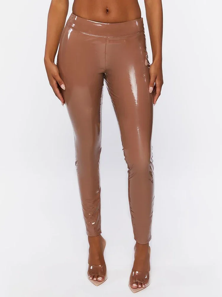 Pantalon crayon en faux latex pour femme, taille moyenne, batterie commandée, leggings en cuir verni brillant, décontracté, mince, PU, fjbtwlwear