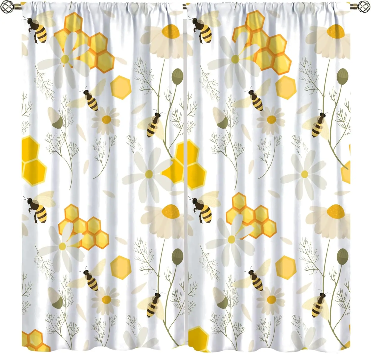Bee Honeycomb White Daisy Curtain 2 Panels Yellow Hexagon Floral White Background Master Bedroom Curtain Fresh Farm Home Decor