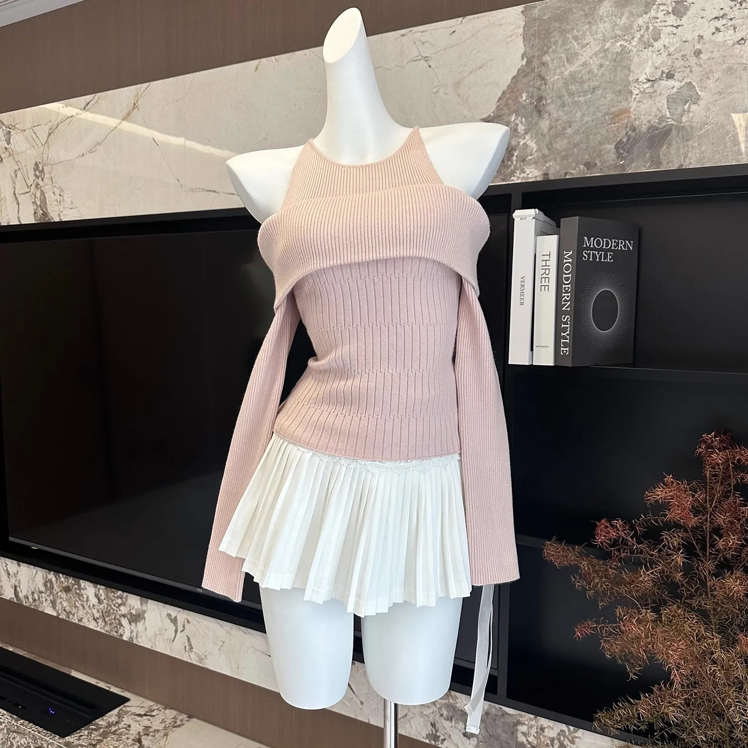 Нишевый искусственный топ на одно плечо из двух частей для женщин, однотонная маленькая рубашка с длинными рукавами для женщин