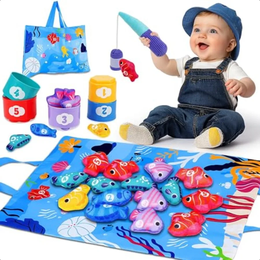 

Montori Toys for 1 Year Old Cloth Fishing Game Toddler Toys Age 12 with Stacking Cups Sorting Learning Baby Toy 1218 Months One