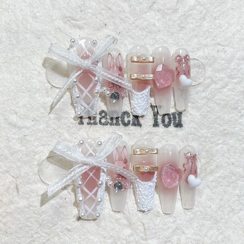 10pcs White Edge French Press on Nails Wearable Pink Med-length Ballet False Nail Cute Pearl Bow Design Full Cover Nail Tips Art